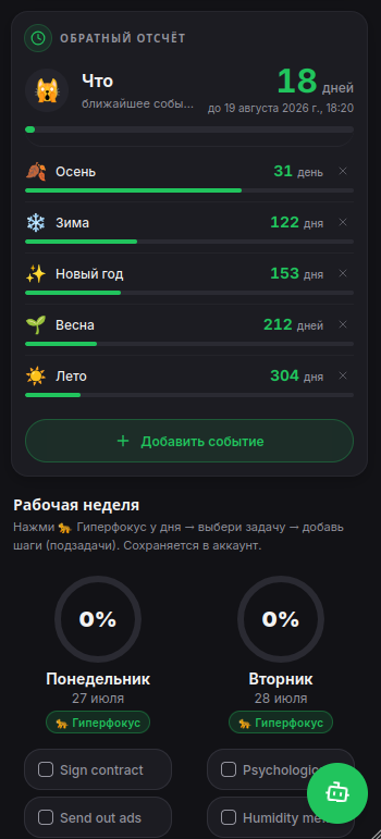 Экран Focus: обратный отсчёт до событий и рабочая неделя с гиперфокусом